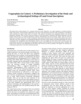 Copperplates in Context: a Preliminary Investigation of the Study and Archaeological Settings of Land Grant Inscriptions