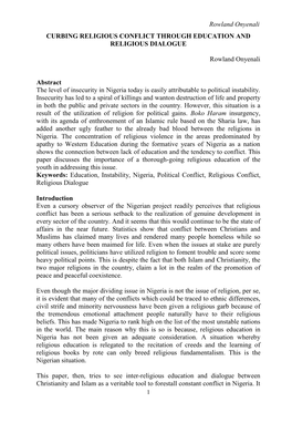 Rowland Onyenali CURBING RELIGIOUS CONFLICT THROUGH EDUCATION and RELIGIOUS DIALOGUE Rowland Onyenali Abstract the Level of Inse