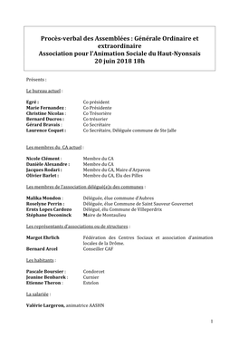 Procès-Verbal Des Assemblées : Générale Ordinaire Et Extraordinaire Association Pour L'animation Sociale Du Haut-Nyonsais 20 Juin 2018 18H