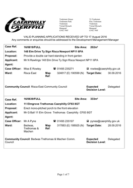 Page 1 of 7 VALID PLANNING APPLICATIONS RECEIVED up to 17 August 2016 Any Comments Or Enquiries Should Be Addressed to the Devel