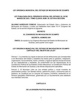 Ley Orgánica Municipal Del Estado De Michoacán De Ocampo