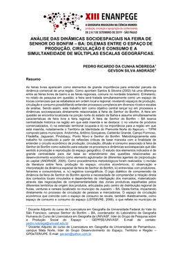 Ba: Dilemas Entre O Espaço De Produção, Circulação E Consumo E a Simultaneidade De Múltiplas Escalas Geográficas