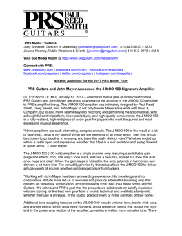 PRS Guitars and John Mayer Announce the J-MOD 100 Signature Amplifier