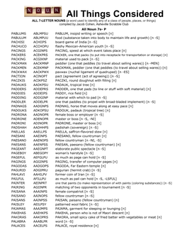 All Things Considered ALL 7-LETTER NOUNS (A Word Used to Identify Any of a Class of People, Places, Or Things) Compiled by Jacob Cohen, Asheville Scrabble Club