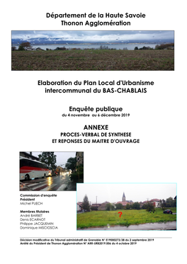 Département De La Haute Savoie Thonon Agglomération Elaboration Du Plan Local D'urbanisme Intercommunal Du BAS-CHABLAIS Enquê