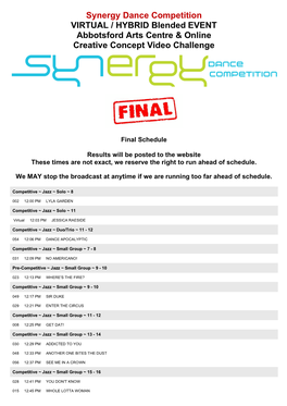 Synergy Dance Competition VIRTUAL / HYBRID Blended EVENT Abbotsford Arts Centre & Online Creative Concept Video Challenge