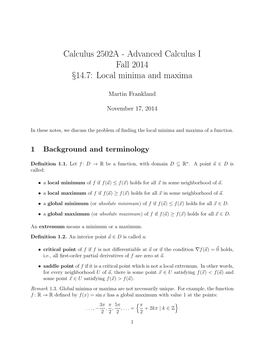 Advanced Calculus I Fall 2014 §14.7: Local Minima and Maxima