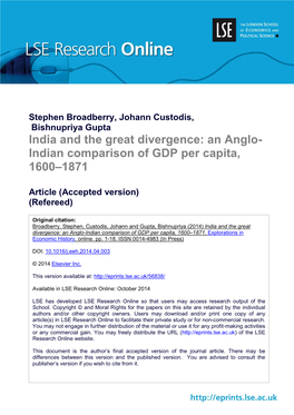 India and the Great Divergence: an Anglo- Indian Comparison of GDP Per Capita, 1600–1871