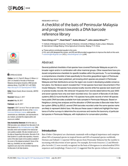 A Checklist of the Bats of Peninsular Malaysia and Progress Towards a DNA Barcode Reference Library