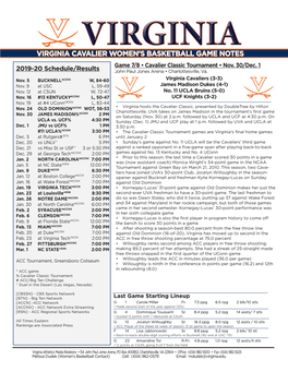 Virginia Cavalier Women's Basketball Game Notes