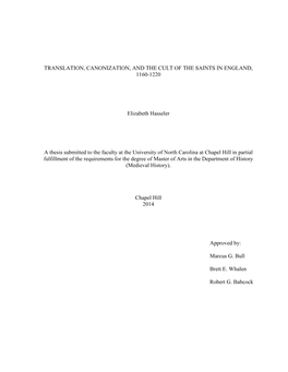 Translation, Canonization, and the Cult of the Saints in England, 1160-1220