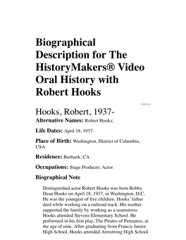 Biographical Description for the Historymakers® Video Oral History with Robert Hooks