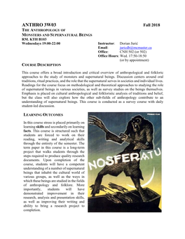 ANTHRO 3W03 Fall 2018 the ANTHROPOLOGY of MONSTERS and SUPERNATURAL BEINGS RM