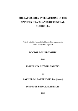 Predator-Prey Interactions in the Spinifex Grasslands of Central Australia