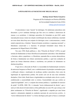 O PENSAMENTO AUTOCRÁTICO DE MIGUEL REALE Rodrigo Jurucê