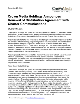 Crown Media Holdings Announces Renewal of Distribution Agreement with Charter Communications