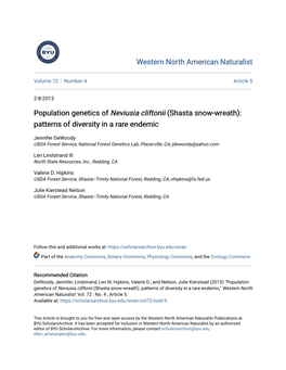 Population Genetics of Neviusia Cliftonii (Shasta Snow-Wreath): Patterns of Diversity in a Rare Endemic