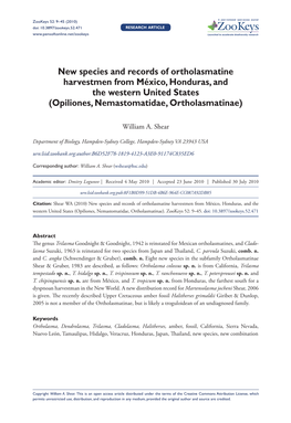 New Species and Records of Ortholasmatine Harvestmen from México, Honduras, and the Western United States (Opiliones, Nemastomatidae, Ortholasmatinae)