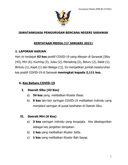 (17 JANUARI 2021) 1. LAPORAN HARIAN Hari Ini Terdapat 62 Kes Posi