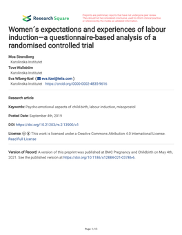 Women´S Expectations and Experiences of Labour Induction—A Questionnaire-Based Analysis of a Randomised Controlled Trial