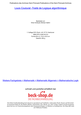 Louis Couturat -Traité De Logique Algorithmique