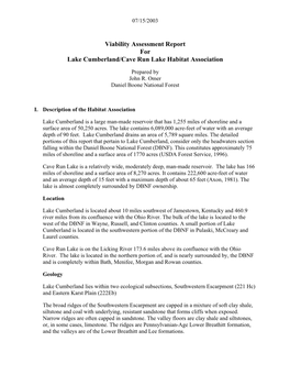 Viability Assessment Report for Lake Cumberland/Cave Run Lake Habitat Association