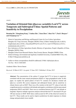 Variation of Oriental Oak(Quercus Variabilis) Leaf Δ13c Across Temperate and Subtropical China