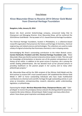 Kiran Mazumdar-Shaw to Receive 2014 Othmer Gold Medal from Chemical Heritage Foundation