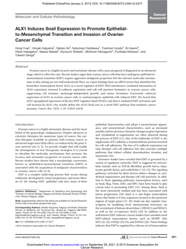 ALX1 Induces Snail Expression to Promote Epithelial- To-Mesenchymal Transition and Invasion of Ovarian Cancer Cells