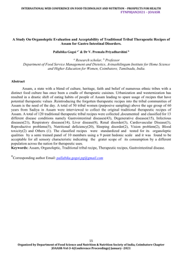 A Study on Organoleptic Evaluation and Acceptability of Traditional Tribal Therapeutic Recipes of Assam for Gastro Intestinal Disorders