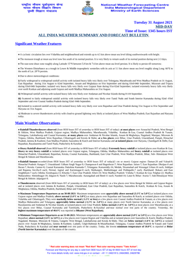 Tuesday 31 August 2021 MID-DAY Time of Issue: 1345 Hours IST ALL INDIA WEATHER SUMMARY and FORECAST BULLETIN