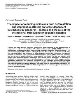 REDD) on Forest-Dependent Livelihoods by Gender in Tanzania and the Role of the Institutional Framework for Equitable Benefits