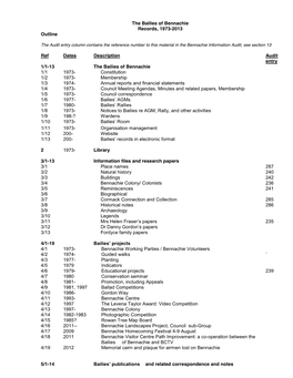 The Bailies of Bennachie Records, 1973-2013 Outline Ref Dates Description Audit Entry 1/1-13 the Bailies of Bennachie 1/1 1973