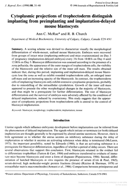 Cytoplasmic Projections of Trophectoderm Distinguish Implanting from Preimplanting and Implantation-Delayed Mouse Blastocysts Ann C