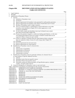 Chapter 850: IDENTIFICATION of HAZARDOUS WASTES TABLE of CONTENTS Page L