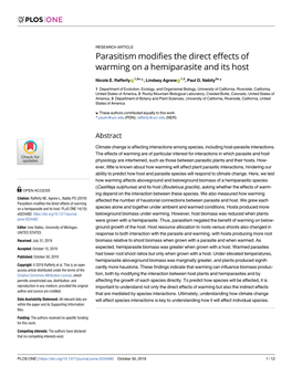 Parasitism Modifies the Direct Effects of Warming on a Hemiparasite and Its Host