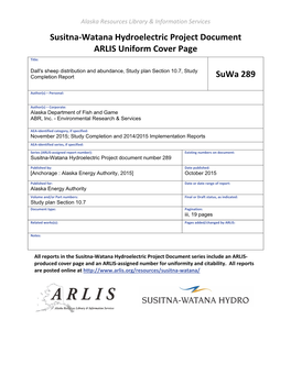 Dall's Sheep Distribution and Abundance, Study Plan Section 10.7, Study Completion Report Suwa 289