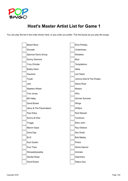 Host's Master Artist List for Game 1