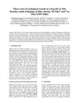 Three Years of Zoological Records at a Fog-Site at Alto Patache, South of Iquique (Chile), During “El Niño” and “La Niña”(1997-2001)