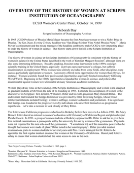 Overview of the History of Women at Scripps Institution of Oceanography