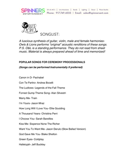 SONGLIST: a Luscious Synthesis of Guitar, Violin, Male and Female Harmonies- Owls & Lions Performs “Original” Acoustic Renditions of These Songs