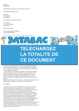 SOMMAIRE: Problématique : Faut-Il Rouvrir Les Maisons Closes En France