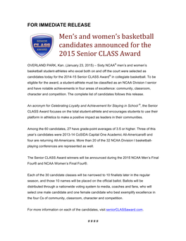 Men's and Women's Basketball Candidates Announced for the 2015