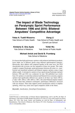 The Impact of Blade Technology on Paralympic Sprint Performance Between 1996 and 2016: Bilateral Amputees’ Competitive Advantage