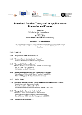 Behavioral Decision Theory and Its Applications to Economics and Finance