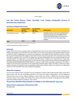 Late Shri Vishnu Waman Thakur Charitable Trust: Ratings Downgraded Because of Persistent Non-Cooperation