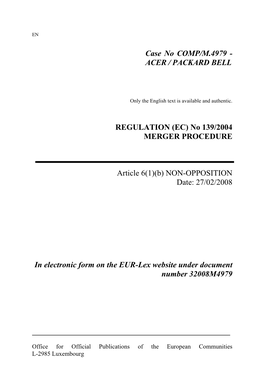 Case No COMP/M.4979 - ACER / PACKARD BELL
