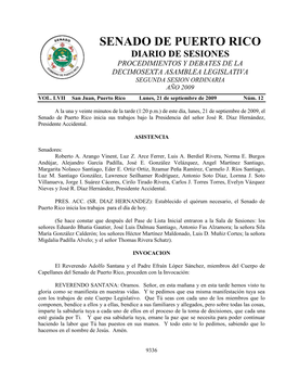 Senado De Puerto Rico Diario De Sesiones Procedimientos Y Debates De La Decimosexta Asamblea Legislativa Segunda Sesion Ordinaria Año 2009 Vol