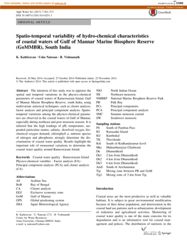 Spatio-Temporal Variability of Hydro-Chemical Characteristics of Coastal Waters of Gulf of Mannar Marine Biosphere Reserve (Gommbr), South India