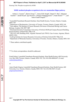 MOB1 Mediated Phospho-Recognition in the Core Mammalian Hippo Pathway